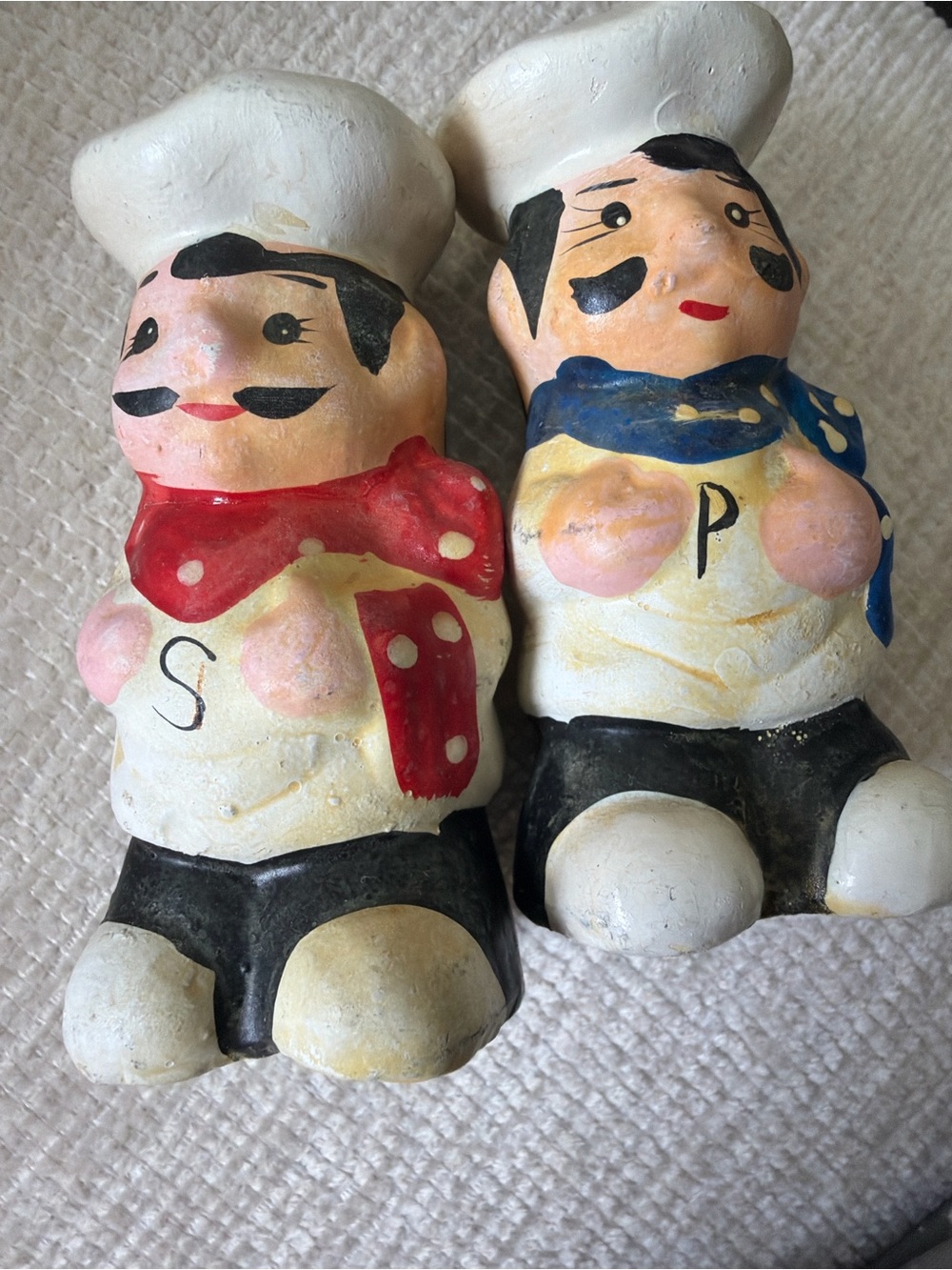 Vintage Hand-Painted Ceramic Chef Salt & Pepper Shakers - Red & Blue Accents
